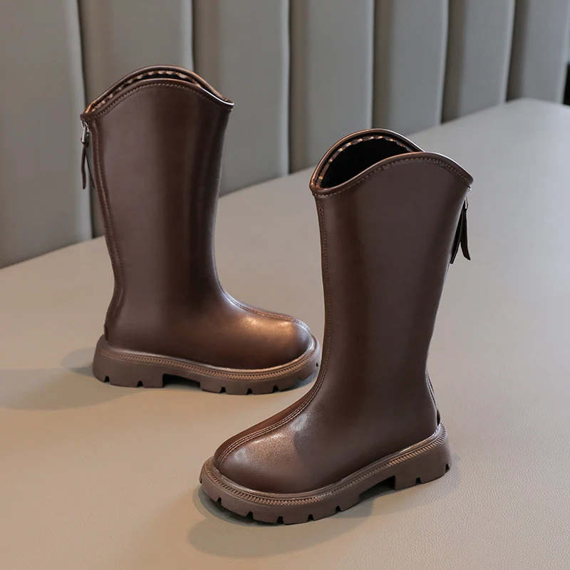 2024 Autumn Winter New Children High Boots for Girls Fashion Korean Style Anti-slippery Keep Warm Versatile Chic Leather Shoes