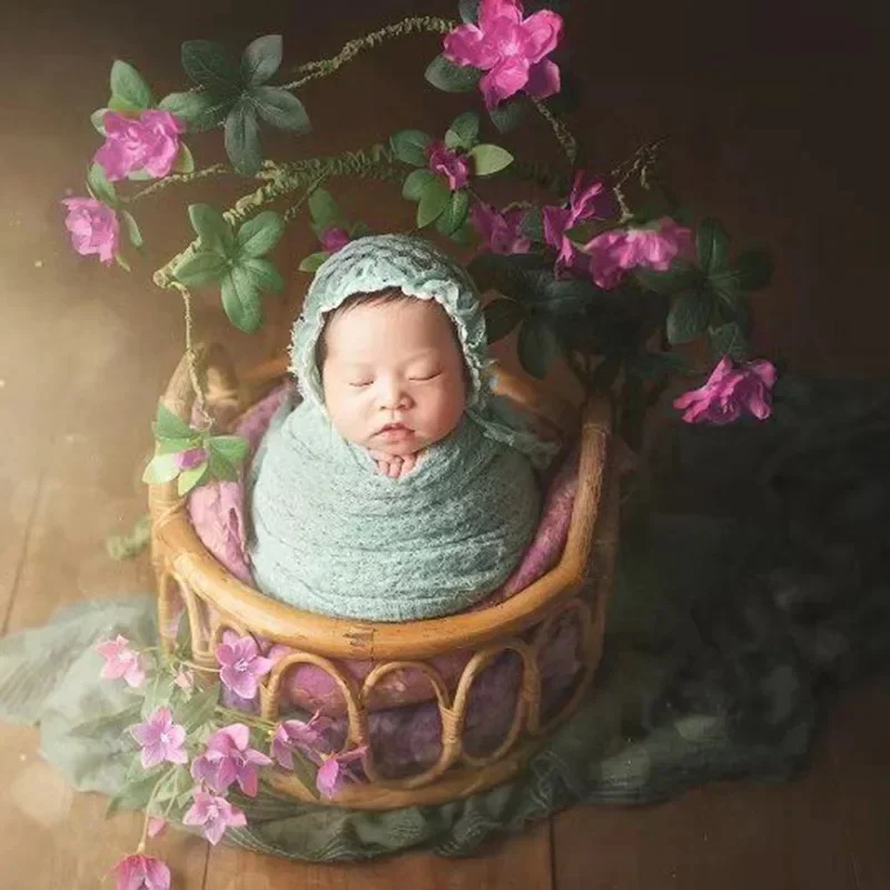 Newborn Photography Props Baby Round Rattan Woven Basket Baby Photo Pose Props Infant Photo Artwork Decor Backdrop Accessories