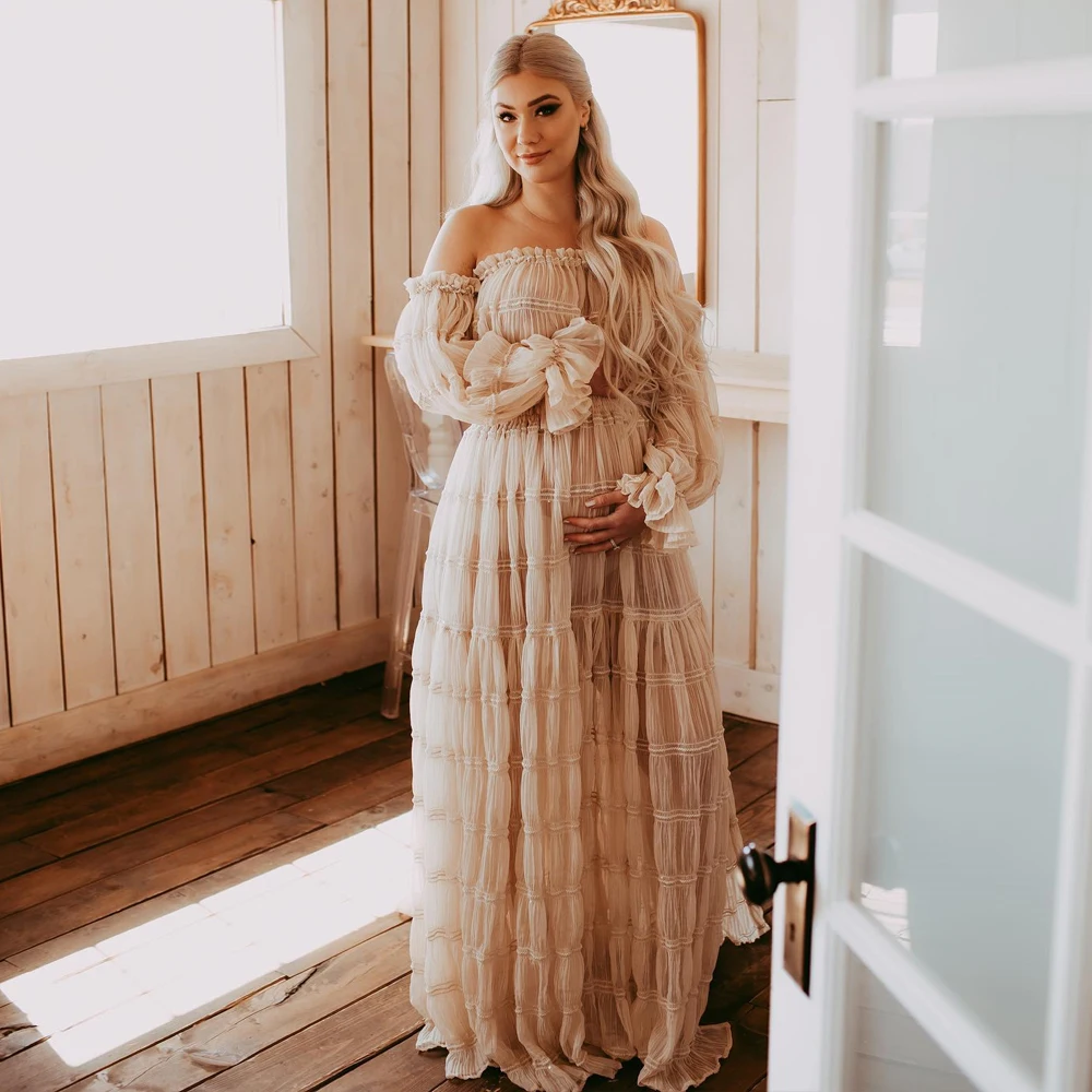 Maternity Gown For Photo Shoot Pleated Chiffon Sexy Off Shoulder Top Ruffled Split Dress Photo Shoot Photography Dress For Women