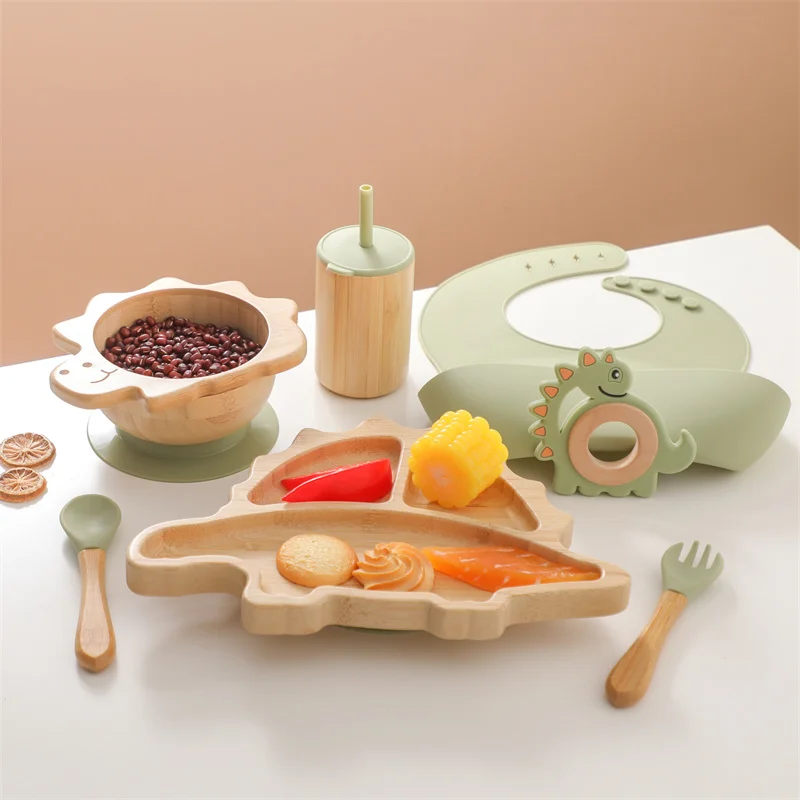 7pcs Silicone Baby Feeding Set Baby Feeding Supplies Kids Bamboo Dinnerware With Cup Children's Dishes Bowl Stuff Tableware Gift