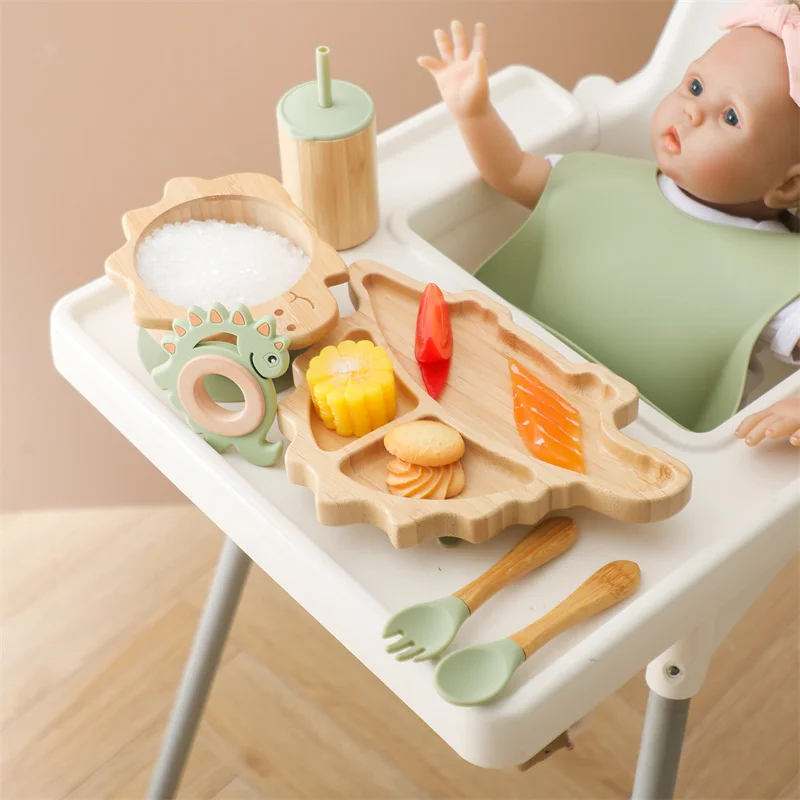 7pcs Silicone Baby Feeding Set Baby Feeding Supplies Kids Bamboo Dinnerware With Cup Children's Dishes Bowl Stuff Tableware Gift