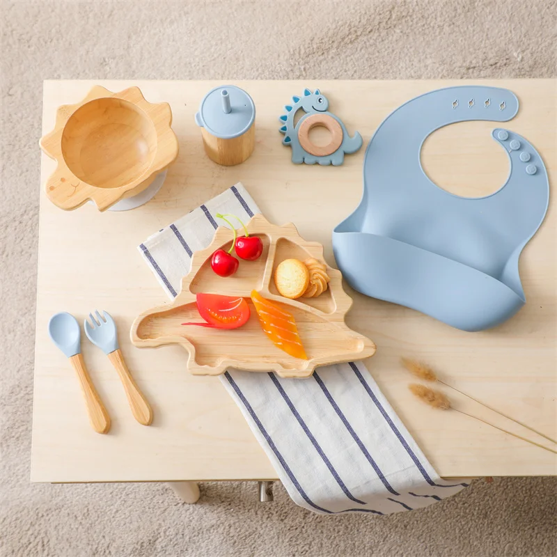 7pcs Silicone Baby Feeding Set Baby Feeding Supplies Kids Bamboo Dinnerware With Cup Children's Dishes Bowl Stuff Tableware Gift