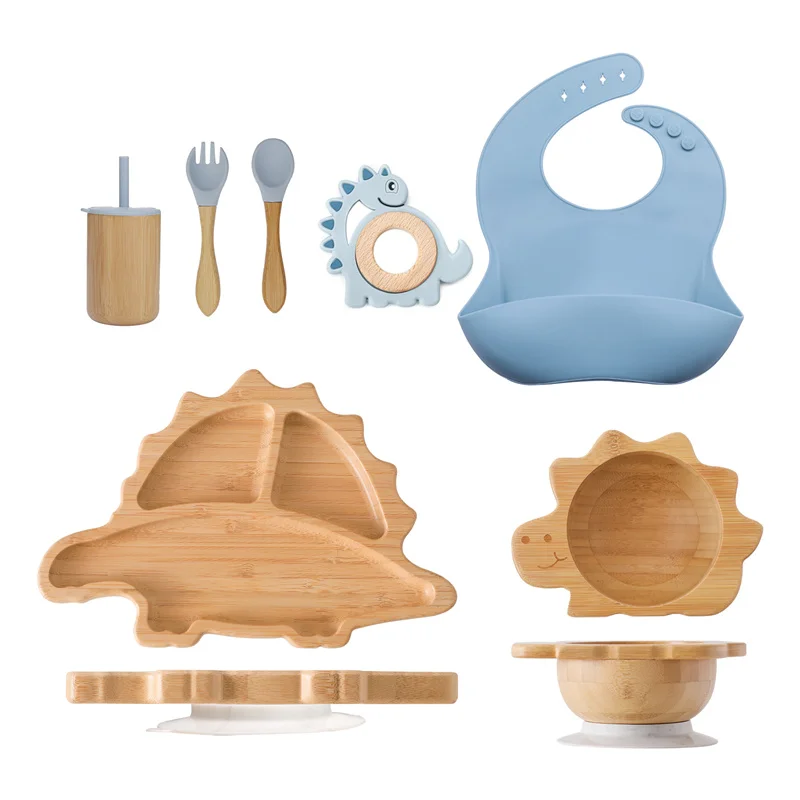 7pcs Silicone Baby Feeding Set Baby Feeding Supplies Kids Bamboo Dinnerware With Cup Children's Dishes Bowl Stuff Tableware Gift