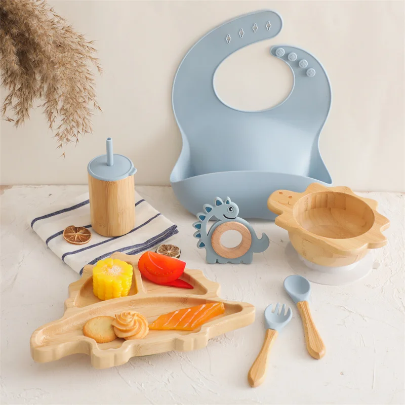 7pcs Silicone Baby Feeding Set Baby Feeding Supplies Kids Bamboo Dinnerware With Cup Children's Dishes Bowl Stuff Tableware Gift