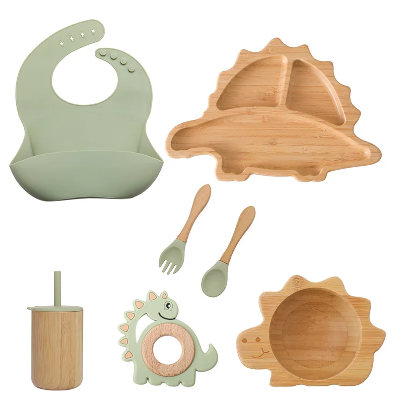 7pcs Silicone Baby Feeding Set Baby Feeding Supplies Kids Bamboo Dinnerware With Cup Children's Dishes Bowl Stuff Tableware Gift