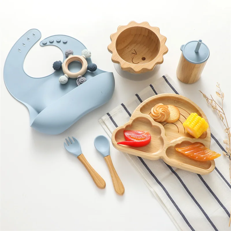 7pcs Silicone Baby Feeding Set Baby Feeding Supplies Kids Bamboo Dinnerware With Cup Children's Dishes Bowl Stuff Tableware Gift