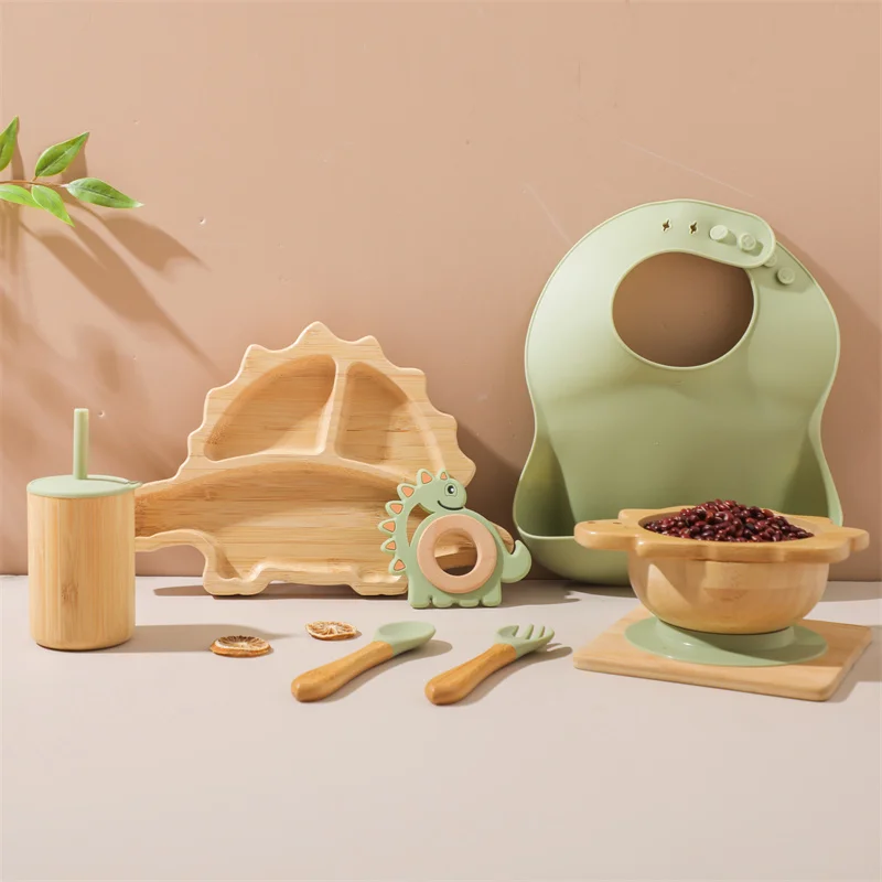 7pcs Silicone Baby Feeding Set Baby Feeding Supplies Kids Bamboo Dinnerware With Cup Children's Dishes Bowl Stuff Tableware Gift