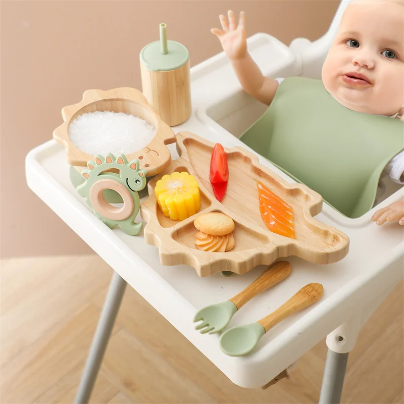 7pcs Silicone Baby Feeding Set Baby Feeding Supplies Kids Bamboo Dinnerware With Cup Children's Dishes Bowl Stuff Tableware Gift