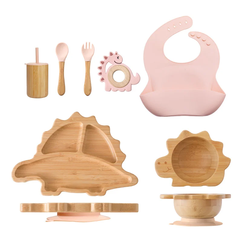 7pcs Silicone Baby Feeding Set Baby Feeding Supplies Kids Bamboo Dinnerware With Cup Children's Dishes Bowl Stuff Tableware Gift