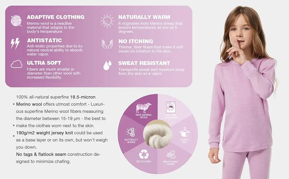 Kids Merino Wool Thermal Underwear Set Quick Dry Long Johns Pajamas Shirt And Pants Sports Clothes for Boys And Girls