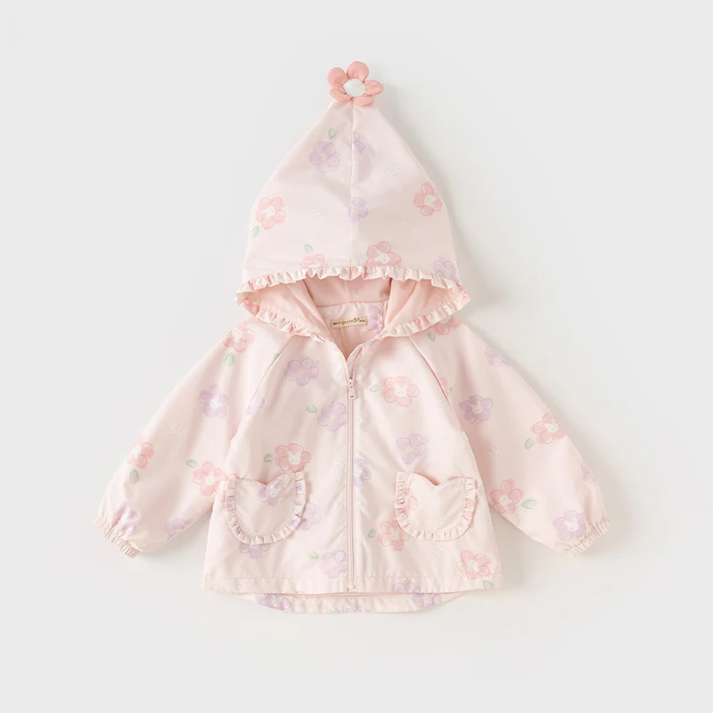 Dave Bella Children Girls Outerwear Tops 2025 Spring New Fashion Casual Floral Sweet Cute Hooded Coat Outdoor Party DB1247926
