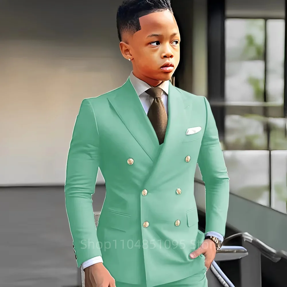 Fashion Two-piece Boys Suit Green Peak Lapel Blazer Jacket Pants 2-18 Years Kid Wedding Tuxedo Party Prom Elegant Child Clothes