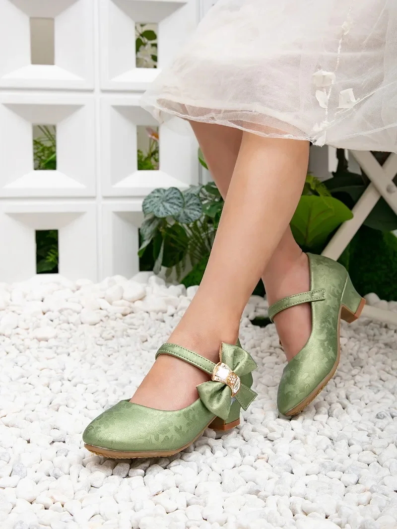 2025 Spring Girls Party Dresses Shoes Elegant Bowknot Catwalk Children High Heels Fashion Kids Princess Wedding Leather Shoes