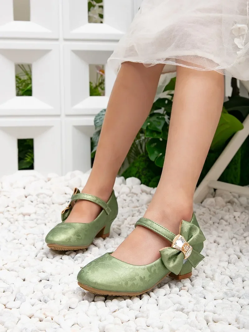 2025 Spring Girls Party Dresses Shoes Elegant Bowknot Catwalk Children High Heels Fashion Kids Princess Wedding Leather Shoes