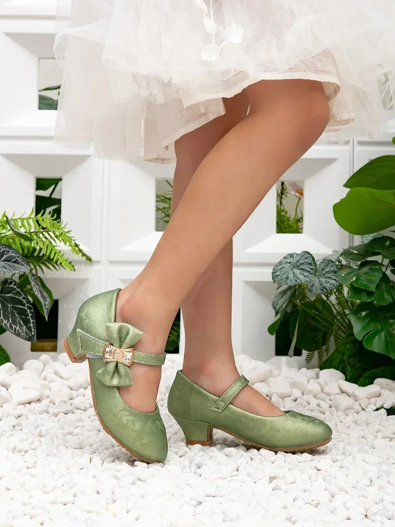 2025 Spring Girls Party Dresses Shoes Elegant Bowknot Catwalk Children High Heels Fashion Kids Princess Wedding Leather Shoes