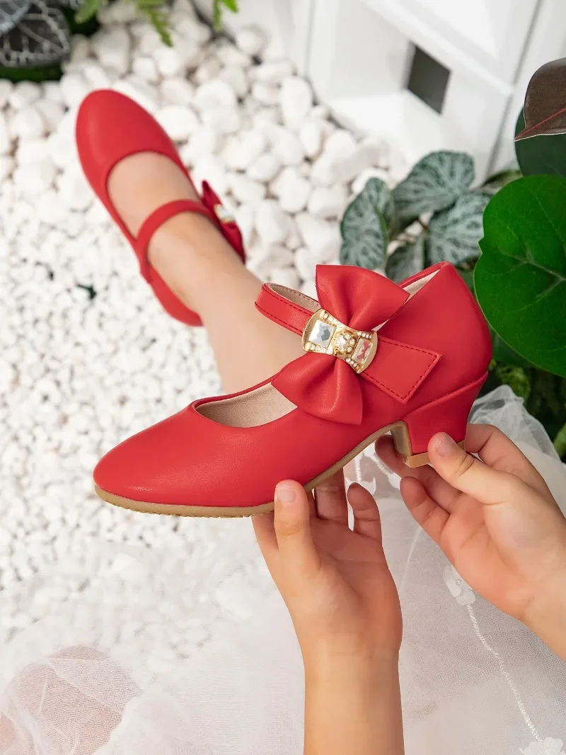 2025 Spring Girls Party Dresses Shoes Elegant Bowknot Catwalk Children High Heels Fashion Kids Princess Wedding Leather Shoes