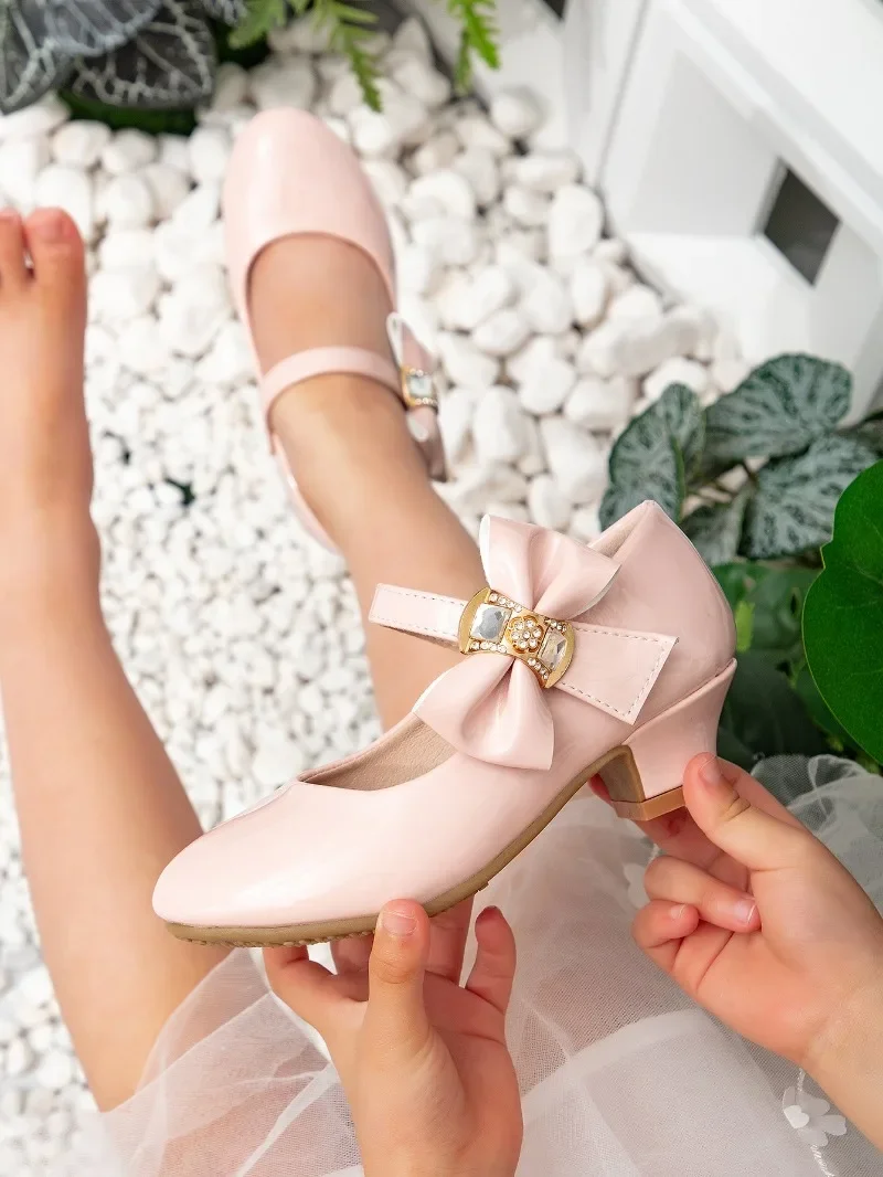 2025 Spring Girls Party Dresses Shoes Elegant Bowknot Catwalk Children High Heels Fashion Kids Princess Wedding Leather Shoes