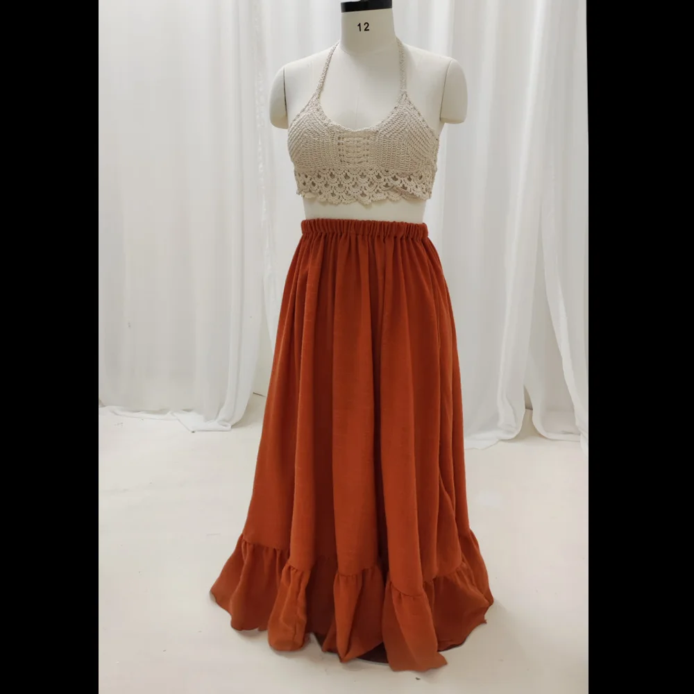 Bohemian Photo Shooting Pregnancy Dress Simple Knitted Camisole Vest&Orange Linen Cotton Skirt Maternity Dresses For Photo Shoot