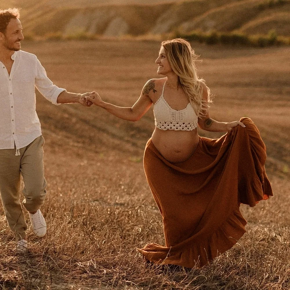 Bohemian Photo Shooting Pregnancy Dress Simple Knitted Camisole Vest&Orange Linen Cotton Skirt Maternity Dresses For Photo Shoot