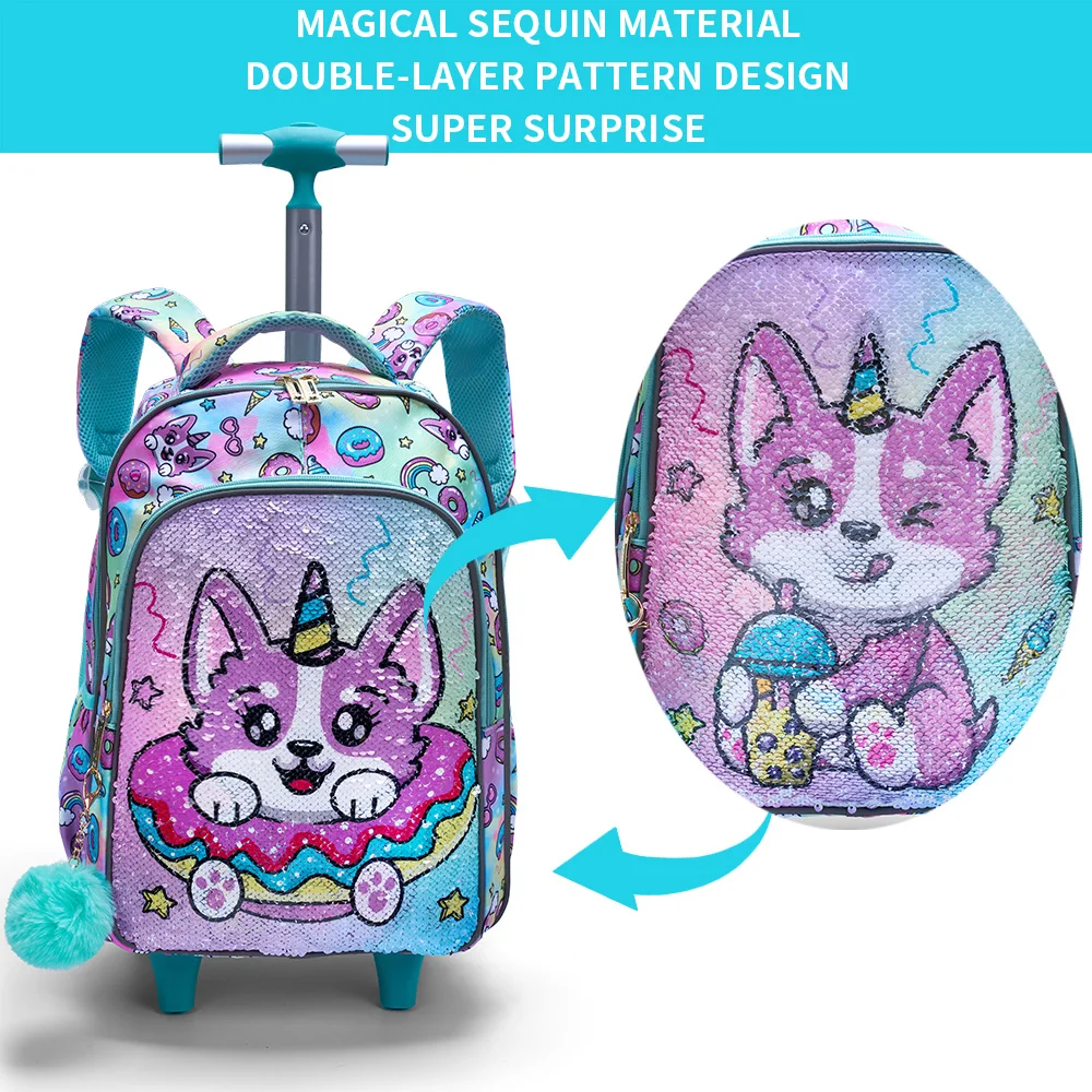 3PCS Set Rolling Backpack For Girls, Cute Cartoon Green Lucky Puppy Sequin Design Wheeled Bags With Lunch Box And Pen Bag