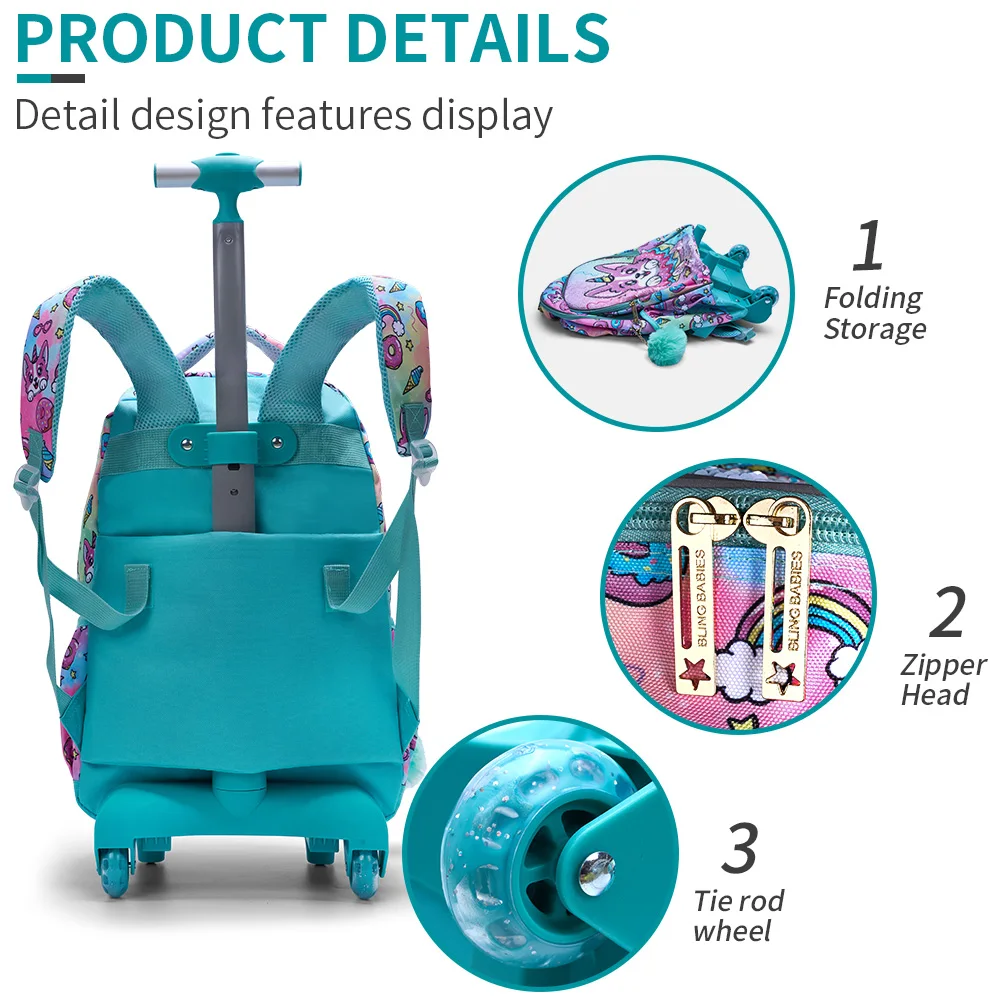 3PCS Set Rolling Backpack For Girls, Cute Cartoon Green Lucky Puppy Sequin Design Wheeled Bags With Lunch Box And Pen Bag