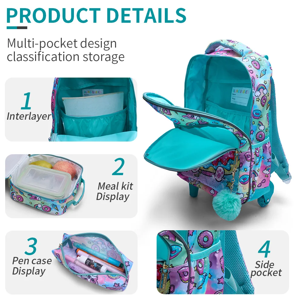 3PCS Set Rolling Backpack For Girls, Cute Cartoon Green Lucky Puppy Sequin Design Wheeled Bags With Lunch Box And Pen Bag