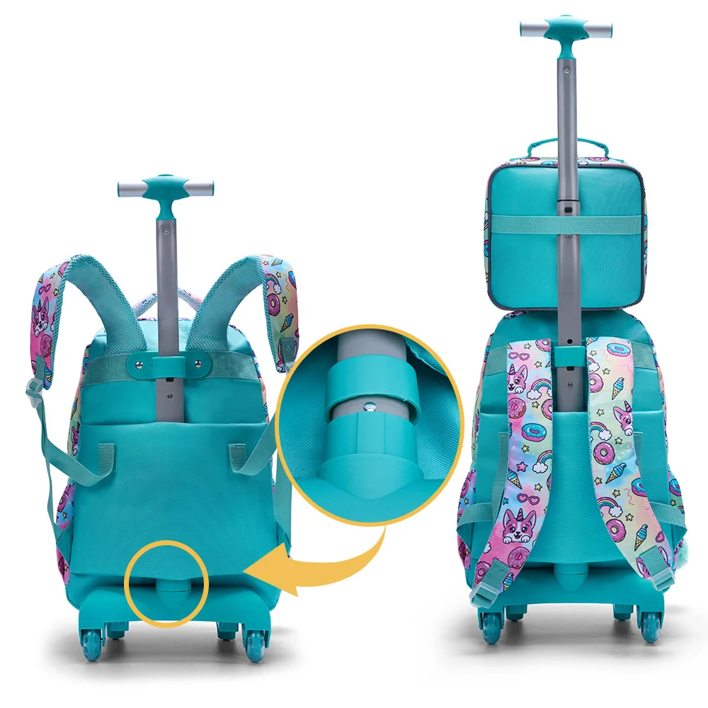 3PCS Set Rolling Backpack For Girls, Cute Cartoon Green Lucky Puppy Sequin Design Wheeled Bags With Lunch Box And Pen Bag