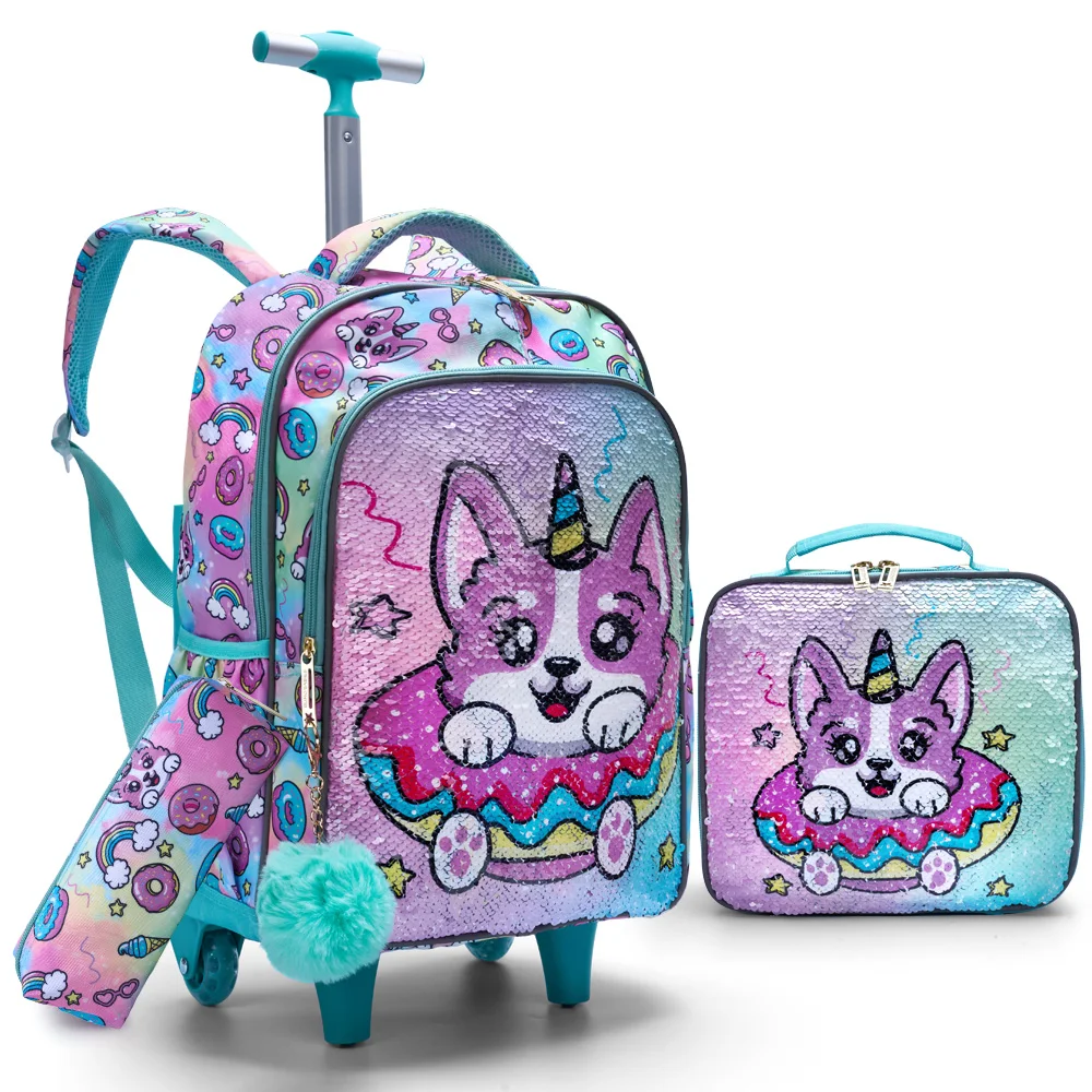 3PCS Set Rolling Backpack For Girls, Cute Cartoon Green Lucky Puppy Sequin Design Wheeled Bags With Lunch Box And Pen Bag