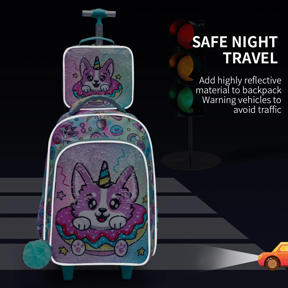 3PCS Set Rolling Backpack For Girls, Cute Cartoon Green Lucky Puppy Sequin Design Wheeled Bags With Lunch Box And Pen Bag