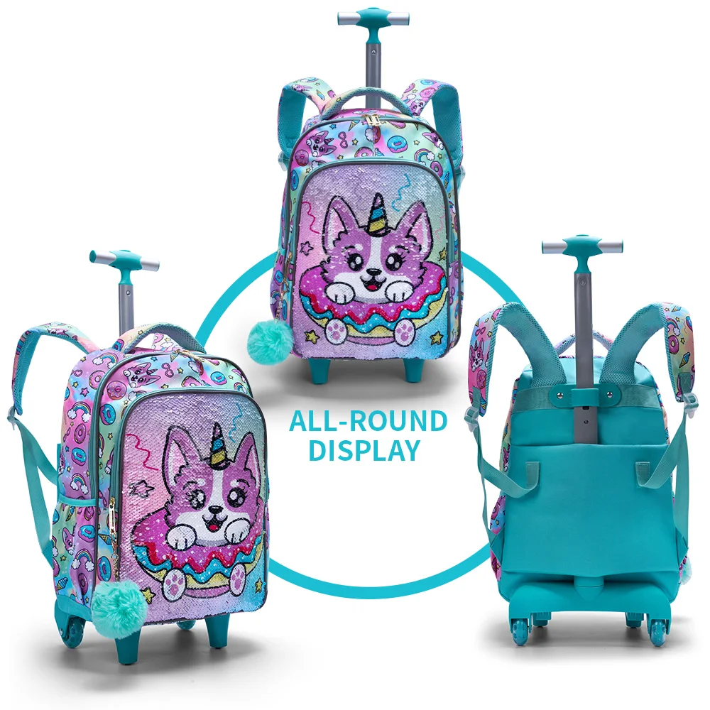 3PCS Set Rolling Backpack For Girls, Cute Cartoon Green Lucky Puppy Sequin Design Wheeled Bags With Lunch Box And Pen Bag
