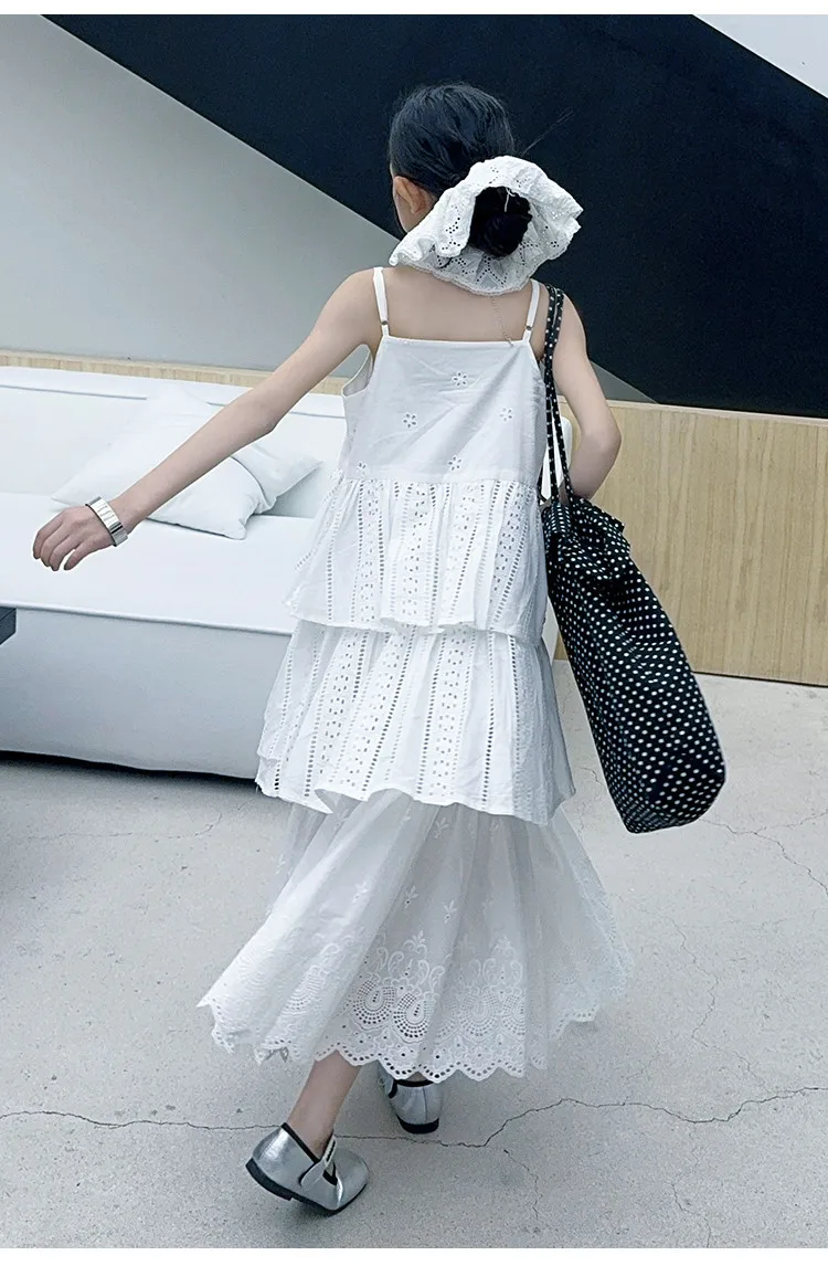 2025 summer white big girl dress child Korean suspender skirt junior kids western-style cake skirt teen Princess Dresses 130-180
