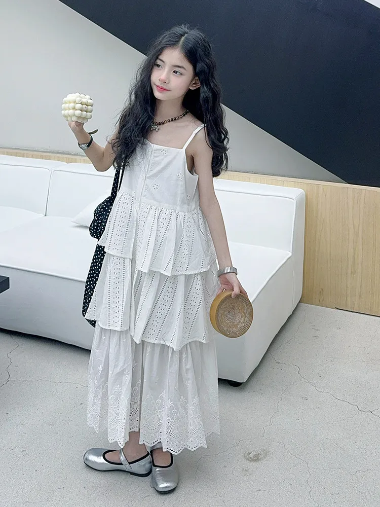 2025 summer white big girl dress child Korean suspender skirt junior kids western-style cake skirt teen Princess Dresses 130-180
