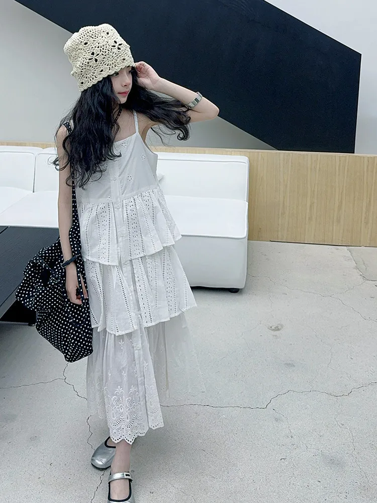 2025 summer white big girl dress child Korean suspender skirt junior kids western-style cake skirt teen Princess Dresses 130-180