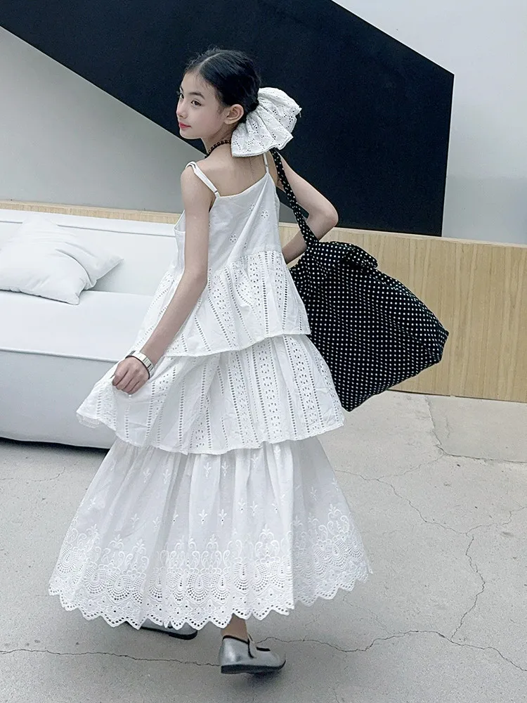 2025 summer white big girl dress child Korean suspender skirt junior kids western-style cake skirt teen Princess Dresses 130-180
