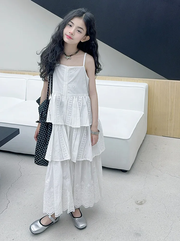 2025 summer white big girl dress child Korean suspender skirt junior kids western-style cake skirt teen Princess Dresses 130-180