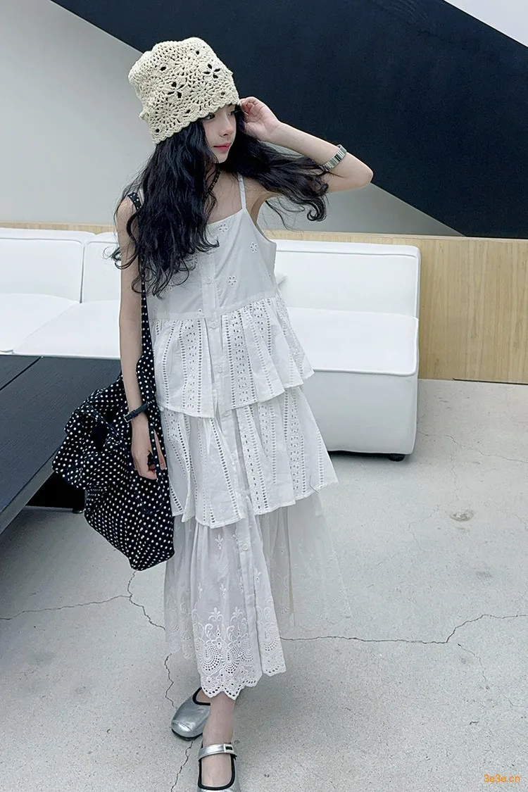2025 summer white big girl dress child Korean suspender skirt junior kids western-style cake skirt teen Princess Dresses 130-180