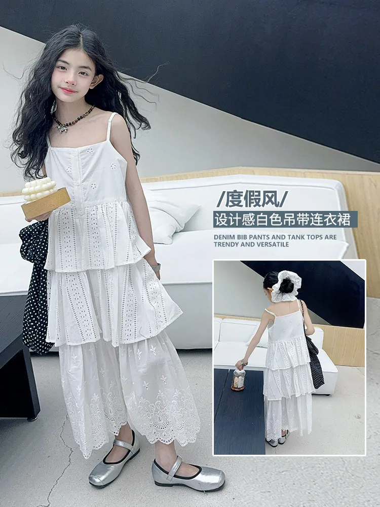 2025 summer white big girl dress child Korean suspender skirt junior kids western-style cake skirt teen Princess Dresses 130-180