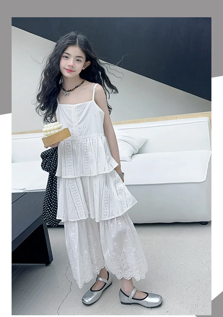 2025 summer white big girl dress child Korean suspender skirt junior kids western-style cake skirt teen Princess Dresses 130-180