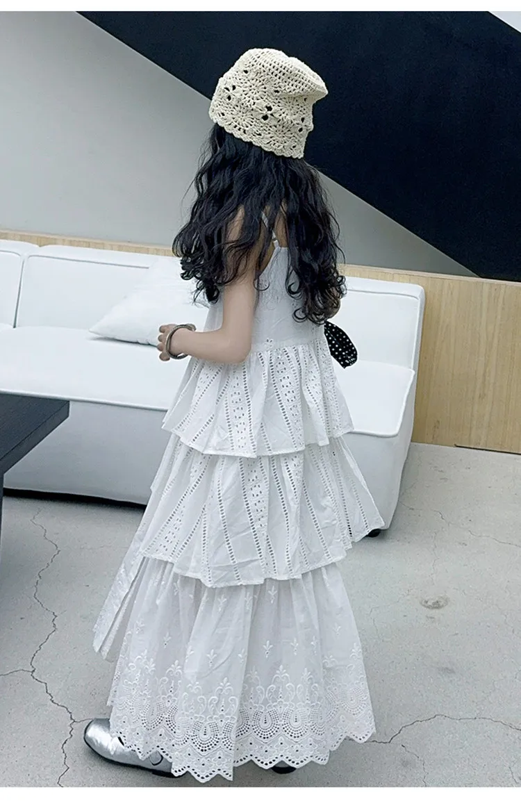 2025 summer white big girl dress child Korean suspender skirt junior kids western-style cake skirt teen Princess Dresses 130-180