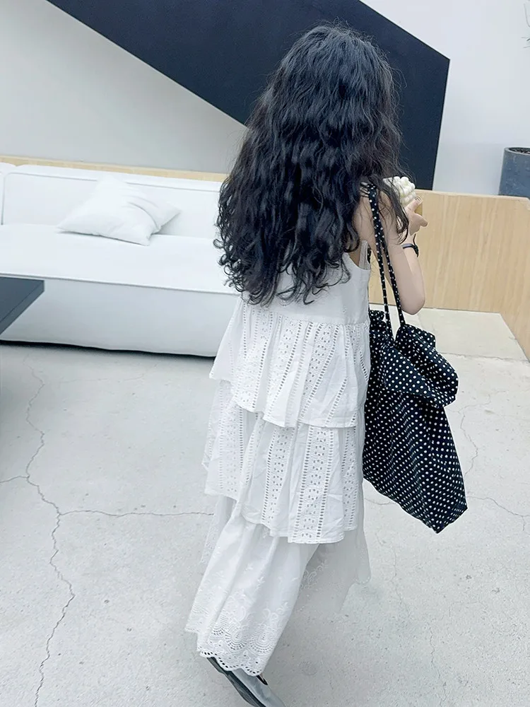 2025 summer white big girl dress child Korean suspender skirt junior kids western-style cake skirt teen Princess Dresses 130-180