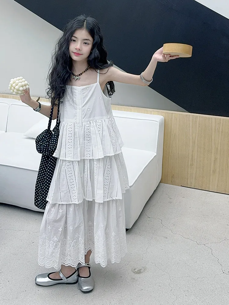 2025 summer white big girl dress child Korean suspender skirt junior kids western-style cake skirt teen Princess Dresses 130-180