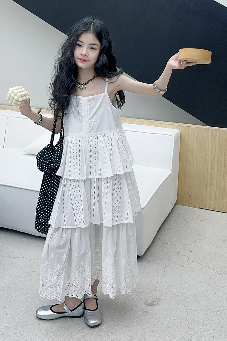 2025 summer white big girl dress child Korean suspender skirt junior kids western-style cake skirt teen Princess Dresses 130-180