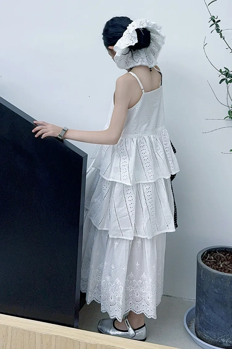 2025 summer white big girl dress child Korean suspender skirt junior kids western-style cake skirt teen Princess Dresses 130-180