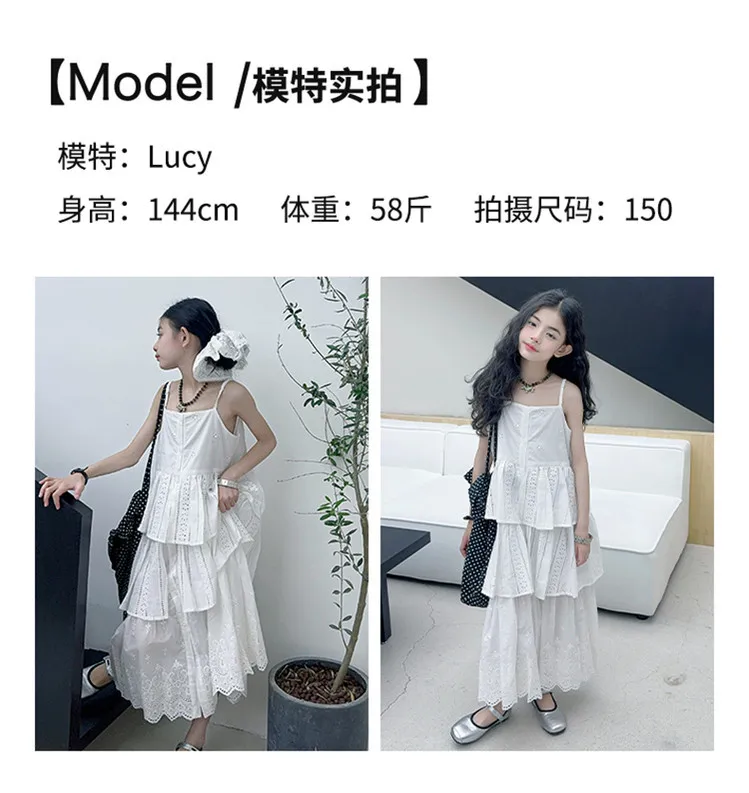 2025 summer white big girl dress child Korean suspender skirt junior kids western-style cake skirt teen Princess Dresses 130-180