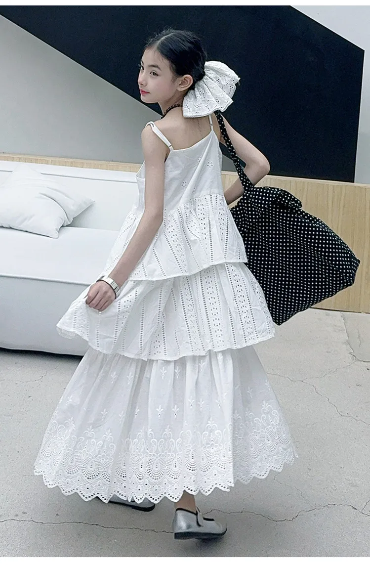 2025 summer white big girl dress child Korean suspender skirt junior kids western-style cake skirt teen Princess Dresses 130-180