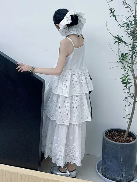 2025 summer white big girl dress child Korean suspender skirt junior kids western-style cake skirt teen Princess Dresses 130-180