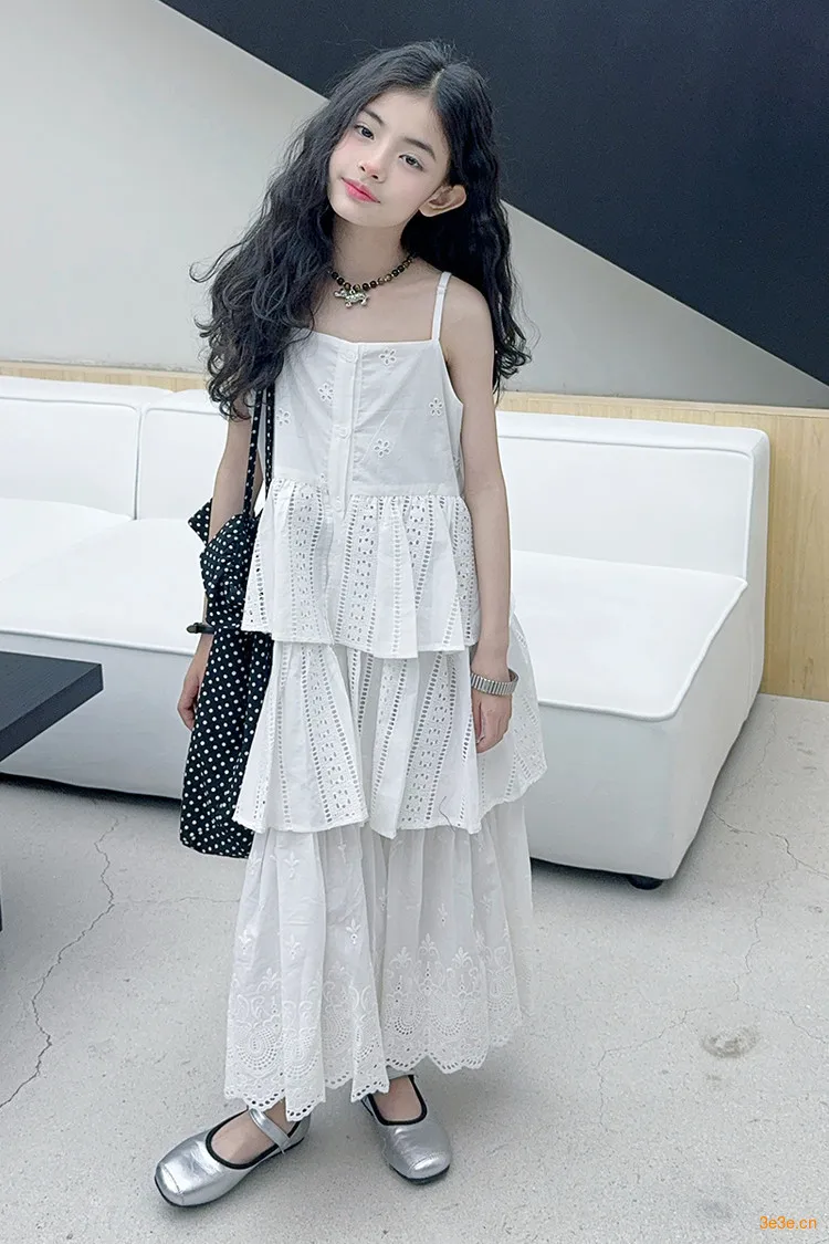 2025 summer white big girl dress child Korean suspender skirt junior kids western-style cake skirt teen Princess Dresses 130-180