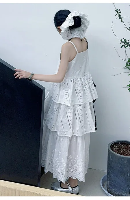 2025 summer white big girl dress child Korean suspender skirt junior kids western-style cake skirt teen Princess Dresses 130-180