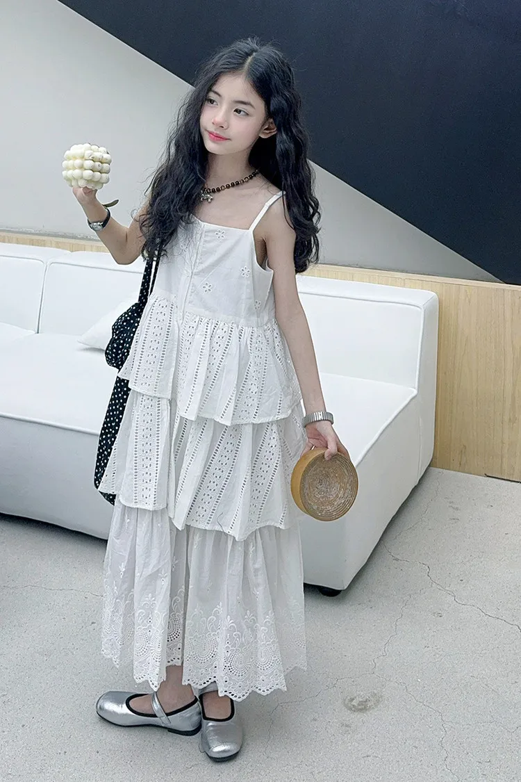 2025 summer white big girl dress child Korean suspender skirt junior kids western-style cake skirt teen Princess Dresses 130-180