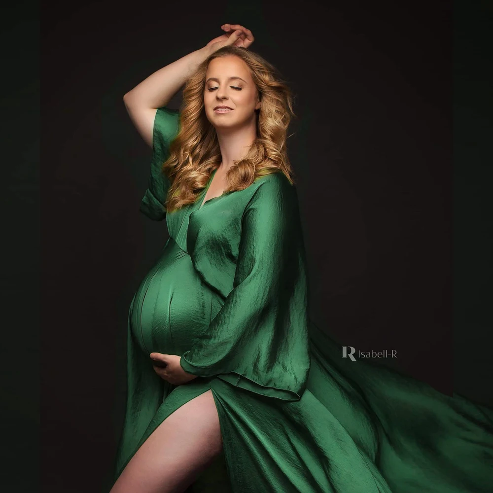 Boho Maternity Photography Props V Neck Dresses Free Size Adjustable Soft Pregnancy Photo Shoot Sides Slit For Baby Shower